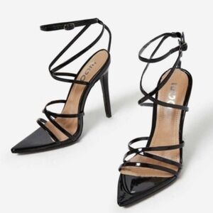 EGO Glossy Black Strappy Stiletto Heels | Night Out Party | W Box Extra Heel Tip